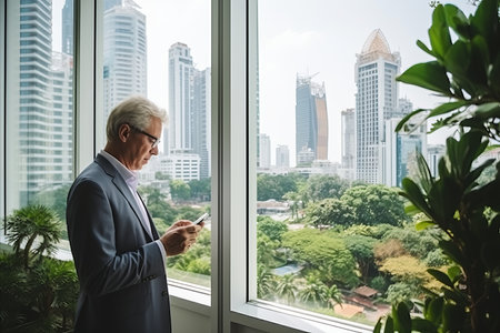 Confident businessman using smartphone while admiring cityscape view from office window