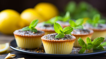 Homemade lemon poppy seed muffins on blurred background   perfect dessert recipe concept for kitchenの素材