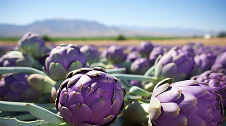 Abundant artichokes flourishing on a sun drenched open plantation during a splendid summer day.の素材