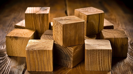 Row of small wooden blocks with empty space for text placement on a solid and textured backgroundの素材