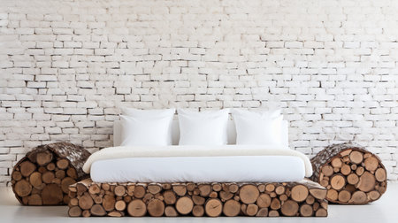 Rustic wooden bed against white wall in stylish scandinavian loft bedroom with copy spaceの素材