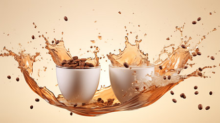 White coffee cup with dynamic splashes, flying beans, and copy space on beige backgroundの素材