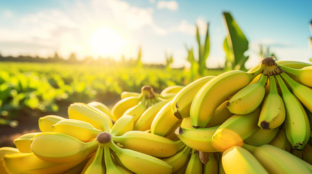 Abundant ripe banana harvest growing on a sunlit open plantation during a beautiful summer day.の素材