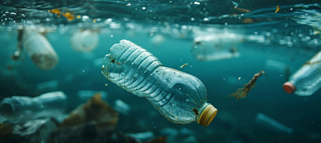 Environmental disaster  massive amounts of plastic waste submerged underwater in the deep ocean.の素材