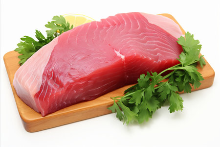 Fresh, raw tuna fish fillet with vibrant green parsley garnish, isolated on white backgroundの素材