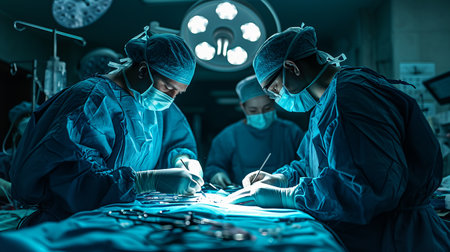 Skilled surgeon performing complex life saving operation in technologically advanced operating roomの素材