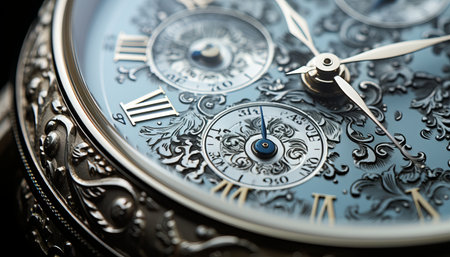 Intricate filigree patterns on vintage pocket watch case, exquisite metalwork and engravingsの素材