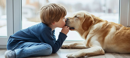 Sweet boy kisses dog s nose by window, creating a heartwarming moment in a spacious roomの素材