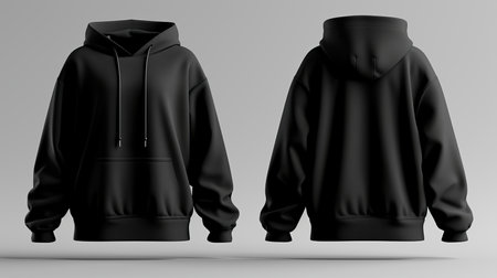 Black tee hoodie front   back view isolated on white background for fashion presentation   mockupの素材