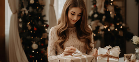 Happy woman opening a package with a smile, unpacking delivery with excitement and joyの素材