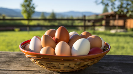 Vibrant free range hen eggs in a colorful basket for easter and farm fresh conceptsの素材