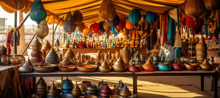 Vibrant middle eastern bazaar with colorful tents, exotic spices, and radiant sunlightの素材