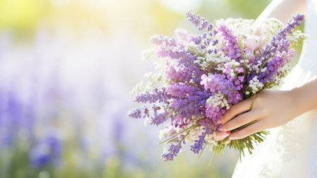 Gorgeous bridal bouquet featuring an enchanting array of different flowers elegantly held in handsの素材