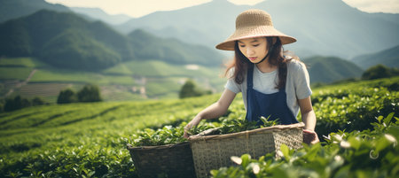 Radiant chinese woman with a joyful smile picking tea in a sun drenched field on a bright summer dayの素材