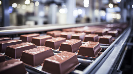 High tech chocolate candy production line on conveyor belt in a modern confectionery factoryの素材
