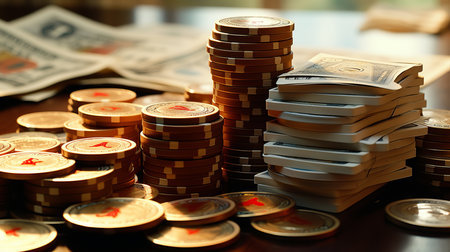 Stack of casino chips and deck of playing cards for gambling and poker gamesの素材
