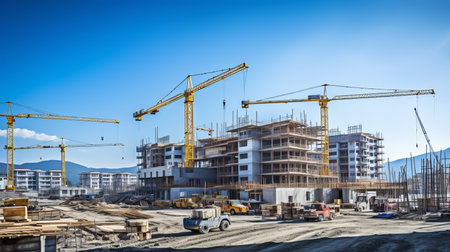 Massive factory construction with towering crane at the building site under clear, vibrant blue skyの素材