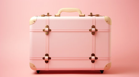 Pink suitcase for travel concept with copy space, minimal style on pink backgroundの素材