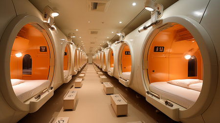Modern and cozy interior of a capsule hotel with functional design and amenitiesの素材