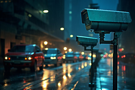 Traffic camera capturing a speeding vehicle in the city for speed control and monitoringの素材