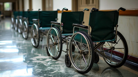 Deserted wheelchairs neatly arranged along the hospital corridor, creating an eerie atmosphereの素材