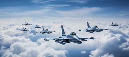 Impeccably aligned fighter jets flying in perfect formation during a rigorous training exerciseの素材