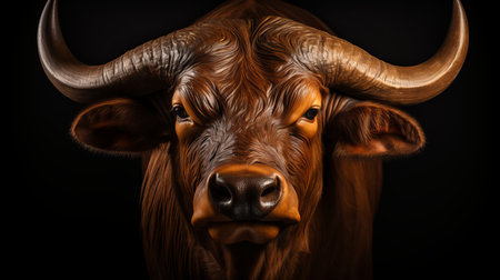 Majestic bull portrait on isolated dark background for wildlife concept or animal photographyの素材