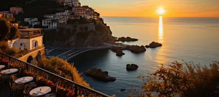 Coastal promenade with cafes, umbrellas, and bicycles   ideal for outdoor leisure and diningの素材