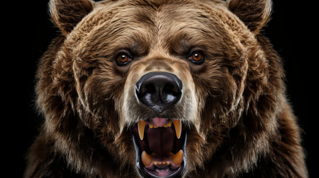 Fierce angry brown bear portrait isolated on black background for wildlife conceptsの素材