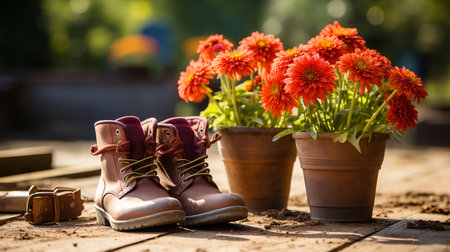 Gardening tools and flowerpots in a beautiful sunny garden   complete set for passionate gardenersの素材