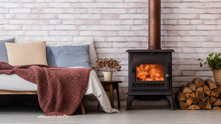 Cozy and inviting bedroom with brick wall, fireplace, and comfortable bed on light backgroundの素材