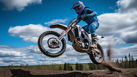 Extreme off road motorcycle jump at canyon with blue sky background and dirt trailの素材