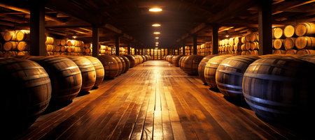 Rows of whiskey, bourbon, and scotch barrels aging in a traditional distillery facilityの素材