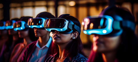 Blurred bokeh background with people using augmented reality glasses for virtual object interactionの素材
