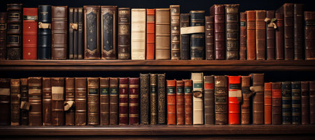 Historical library wall adorned with an array of ancient books and manuscriptsの素材