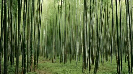 Tranquil bamboo forest habitat showcasing serene sections of lush greeneryの素材