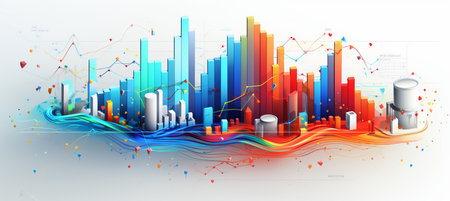 Colorful business statistics chart with sales, profit, cost, capital reports on white background.の素材