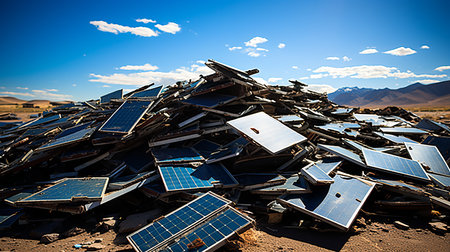 Broken solar panel stack, end of life renewable energy hardware hard to recycle.の素材