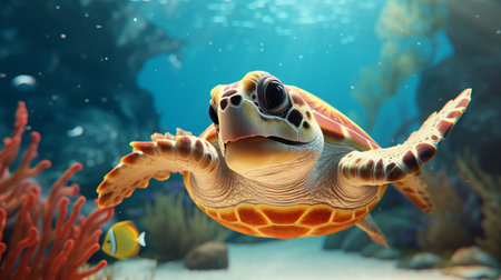 Majestic sea turtle swimming gracefully in the crystal clear turquoise ocean watersの素材