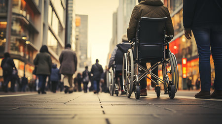 Disabled person in wheelchair crossing the road in urban area with trafficの素材