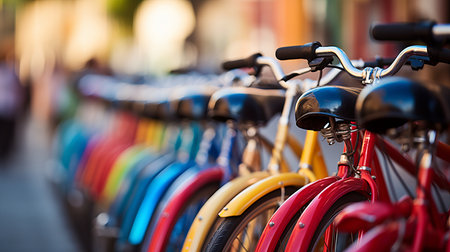 Colorful bicycles lined up at outdoor bike rack in urban setting, creating vibrant scene.の素材