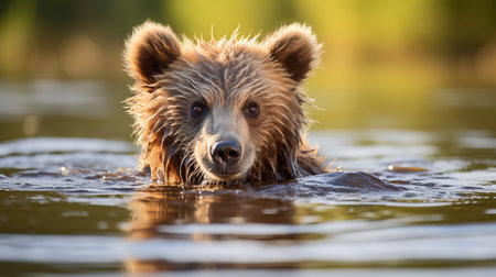 Joyful brown bear splashing in serene river water on sunny day in the wildernessの素材