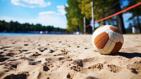 Outdoor recreation area  volleyball court with net and sand court ready for playの素材