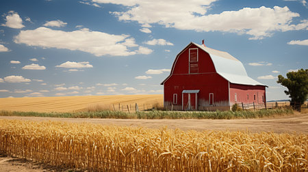 Rustic rural farm landscape with traditional wooden granary and green fields on a sunny dayの素材