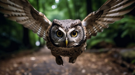 Majestic owl in flight   stunning wildlife photography of an owl soaring through the airの素材