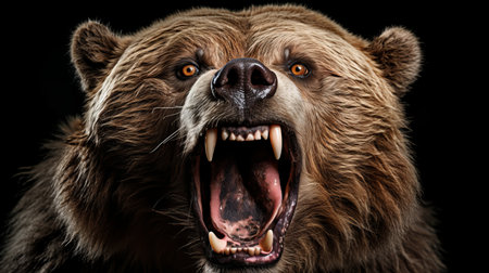Fierce brown bear portrait with angry expression, isolated on black backgroundの素材