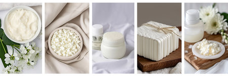 Collage of personal care products divided with white vertical lines and bright white light styleの素材