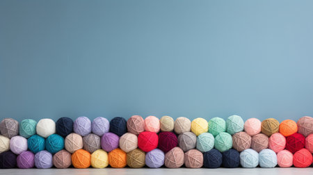 Colorful wool yarn balls on gray background with space for text design or advertising concept.の素材