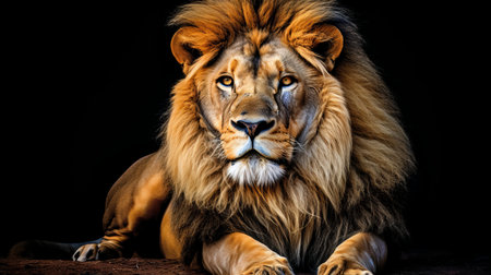 Stunning and commanding lion with a vibrant golden mane isolated on a captivating black backgroundの素材
