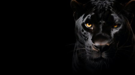 Powerful front view of panther on black backgroundmajestic wild animals banner with copy space.の素材